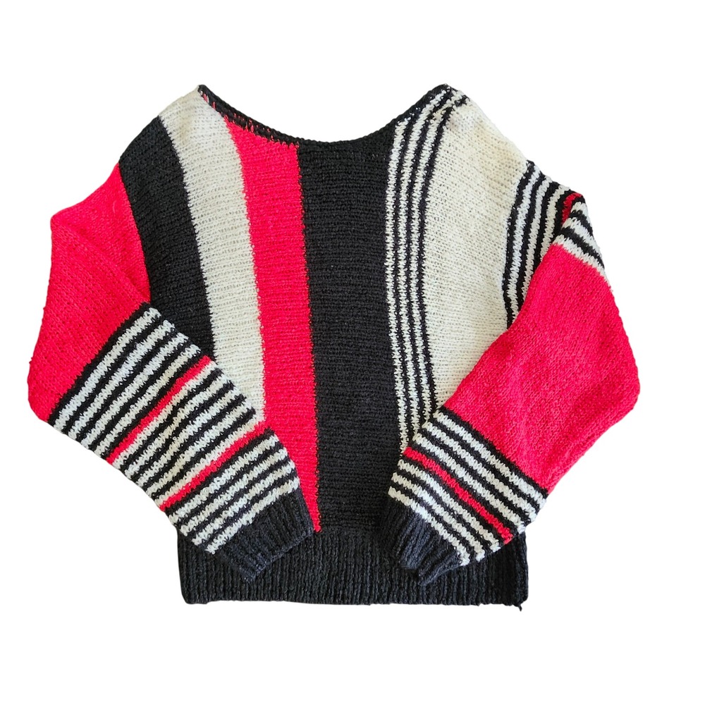 Vintage 80s Striped Colorblock Sweater Women S  Red Black White Chunky Dolman